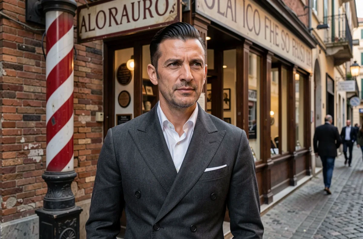 Homme élégant avec coupe mafieux italienne classique devant une devanture de barbier vintage en rue pavée