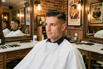Homme aux cheveux coiffés en style mafieux italien dans un salon de coiffure vintage avec miroir et décor rétro