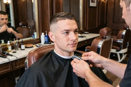 Homme aux cheveux en coupe taper fraîche assis dans un fauteuil de barbier avec un barbier utilisant une tondeuse sur la nuque