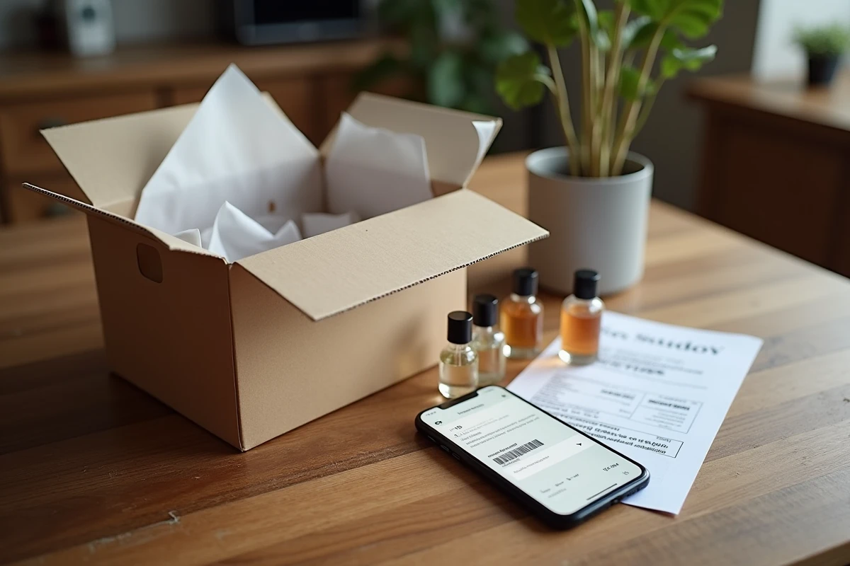 Déballage de parfums pas chers commandés sur internet, colis ouvert avec plusieurs flacons de parfum discount