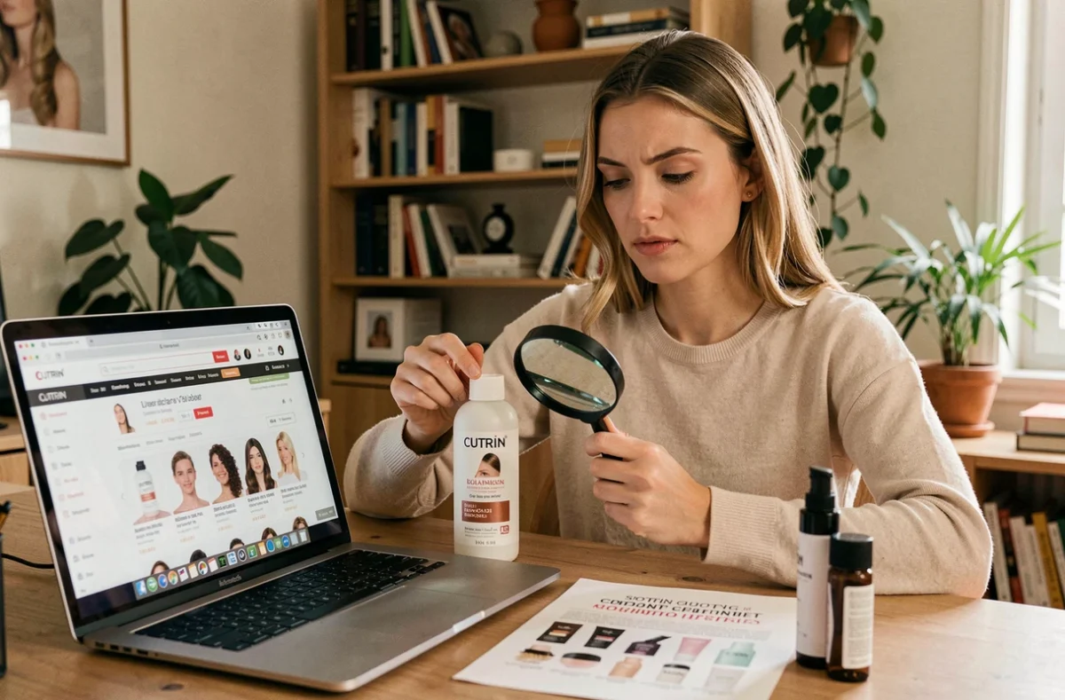 Femme comparant deux flacons Cutrin pour détecter une contrefaçon à son bureau à domicile en France