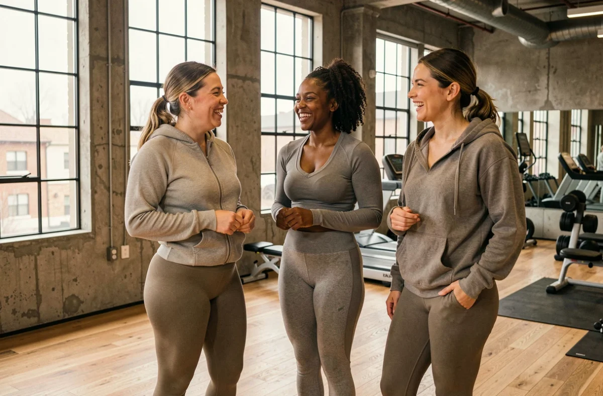 Groupe de femmes aux morphologies variées en tenue de sport dans une salle de gym moderne, célébrant la diversité corporelle