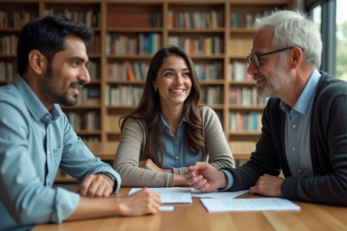 Groupe de personnes de différentes origines ethniques réunies autour d'une table de bibliothèque, montrant la diversité des morphologies nasales et des traits faciaux selon les ethnies