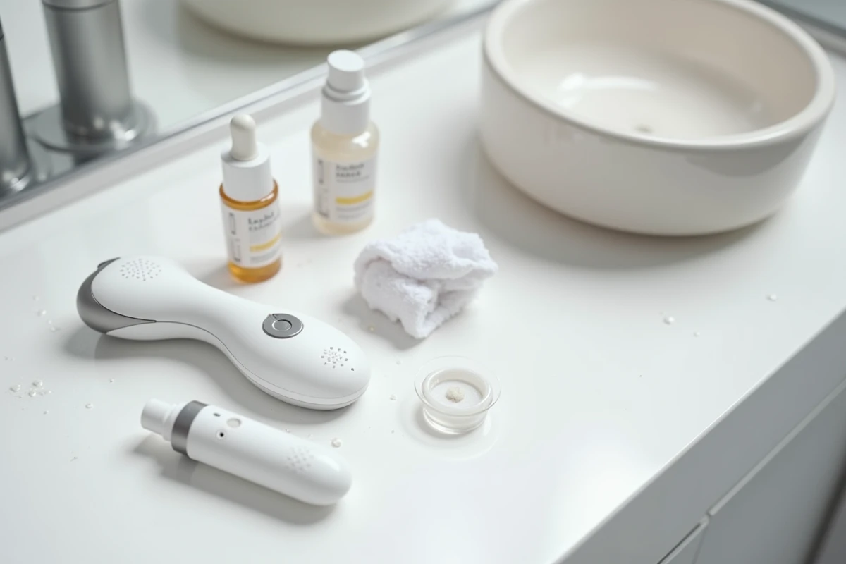 Gros plan d'un appareil LYMA mal rangé avec des soins ouverts et une notice froissée sur un plan vasque