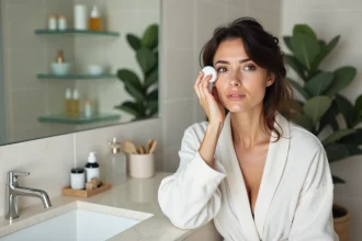 Femme utilisant un appareil laser LYMA à domicile avec une expression hésitante devant un miroir de salle de bain