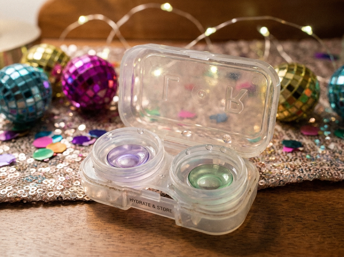 Étui à lentilles de couleur ouvert avec lentilles violette et verte en solution, posé sur une table de maquillage de fête