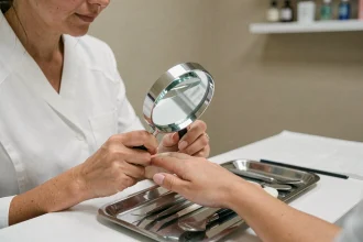 Prothésiste ongulaire examinant un ongle avec une loupe dans un salon de soins, matériel stérile sur la table