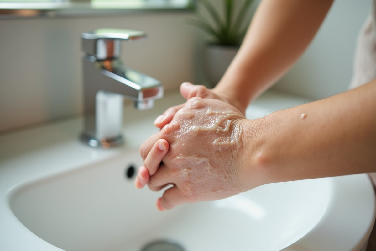 Gros plan sur une main exfoliant la peau du bras