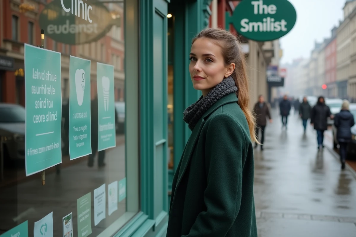Jeune femme observant d'un regard critique la vitrine promotionnelle d'une clinique The Smilist en ville
