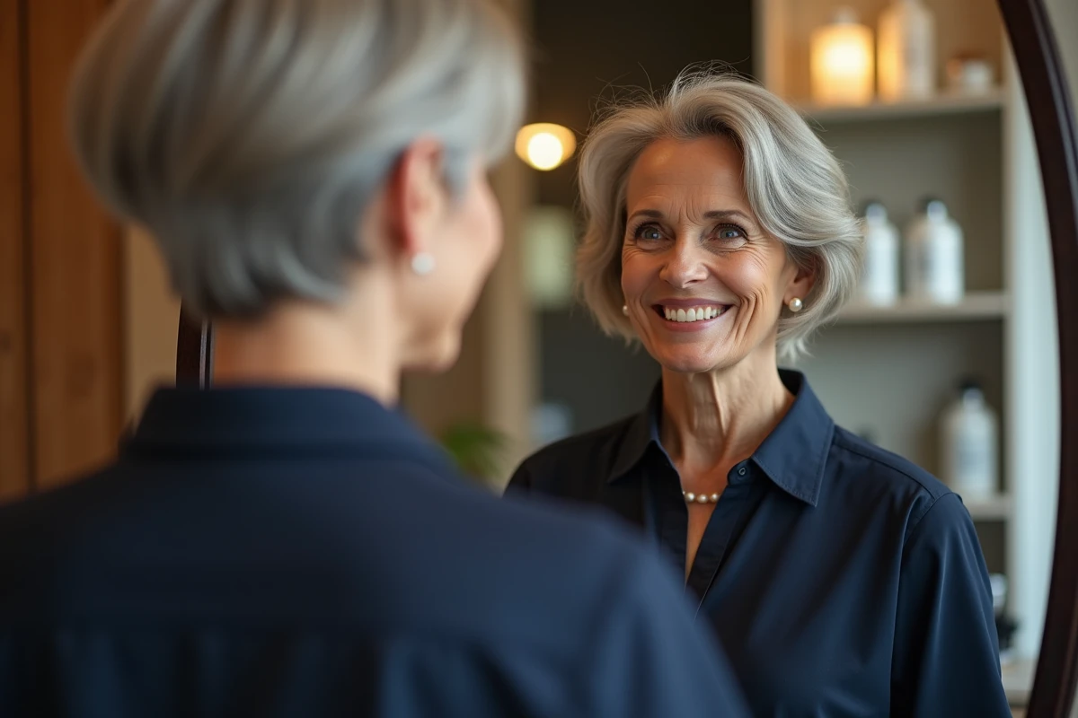 Femme de 60 ans au visage rond admirant sa nouvelle coupe courte en carré ondulé dans le miroir d'un salon de coiffure