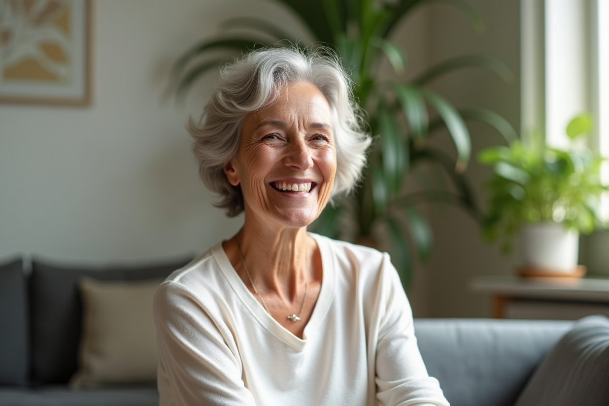Femme de 70 ans souriante avec peau saine dans un salon lumineux