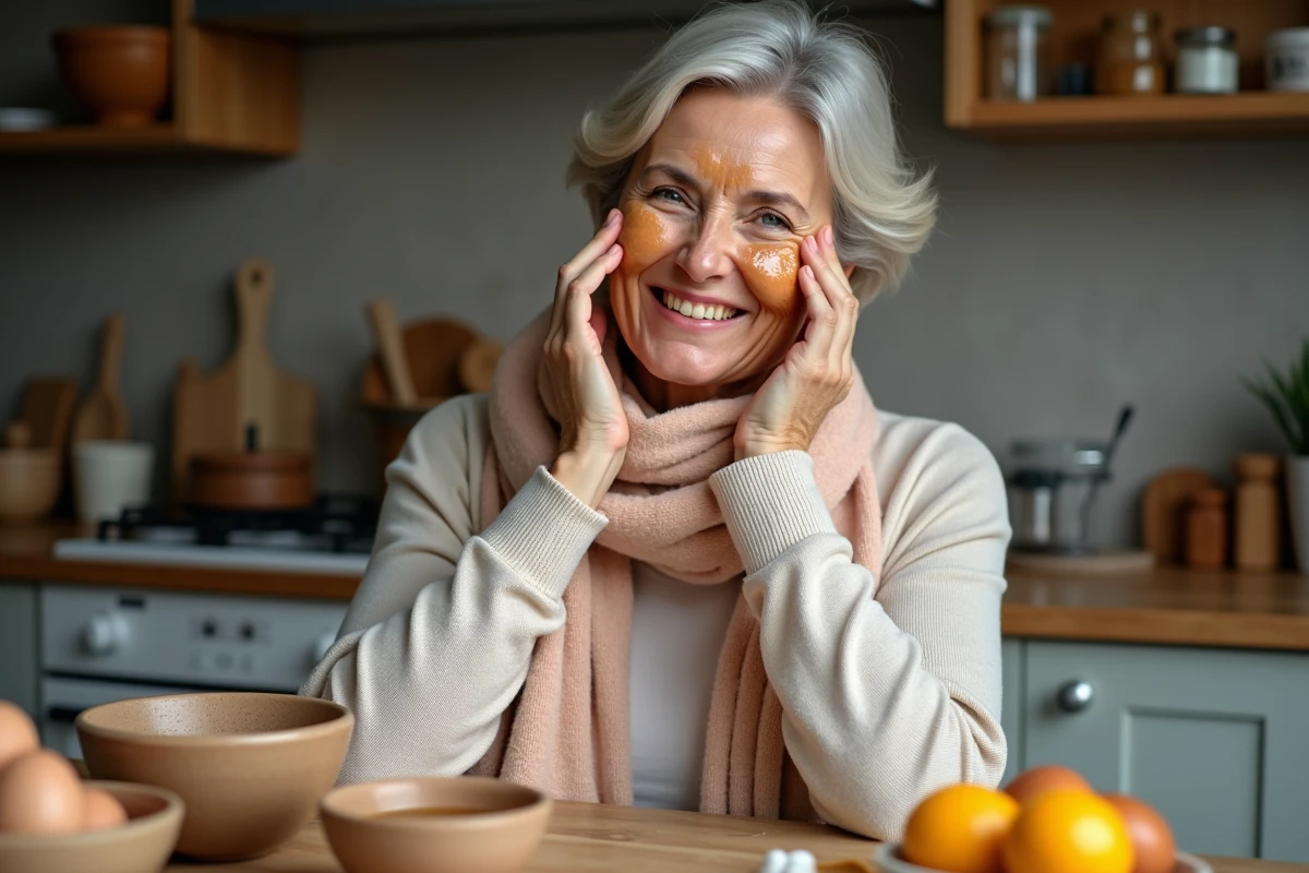 Femme d'âge moyen appliquant un masque visage maison dans la cuisine