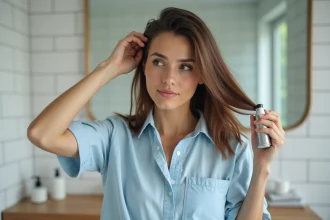 Femme appliquant spray anti-frizz dans la salle de bain