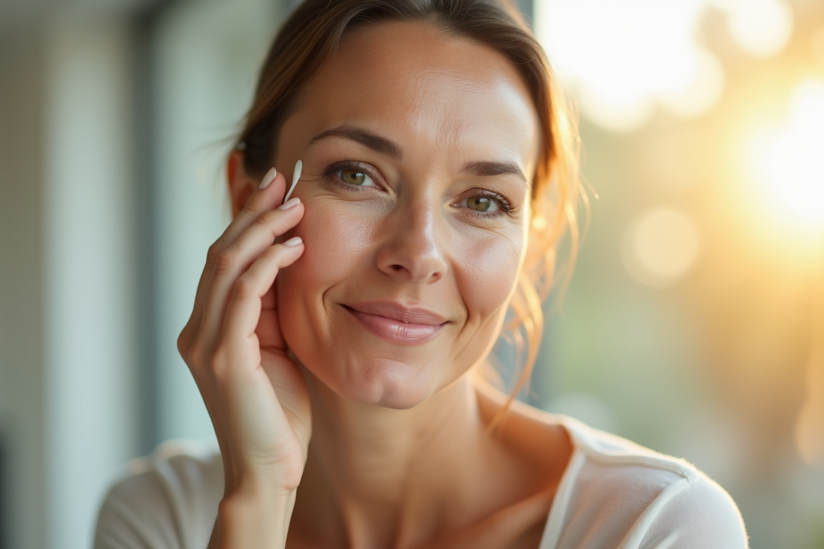 Femme d'âge moyen appliquant une crème anti-âge devant une fenêtre