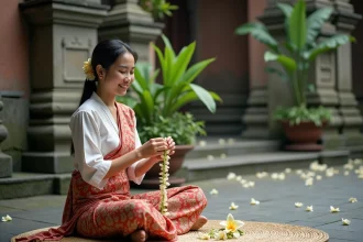 Femme balinaise en kebaya tressant des fleurs de jasmin