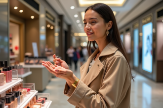 Femme élégante testant du maquillage dans un centre commercial