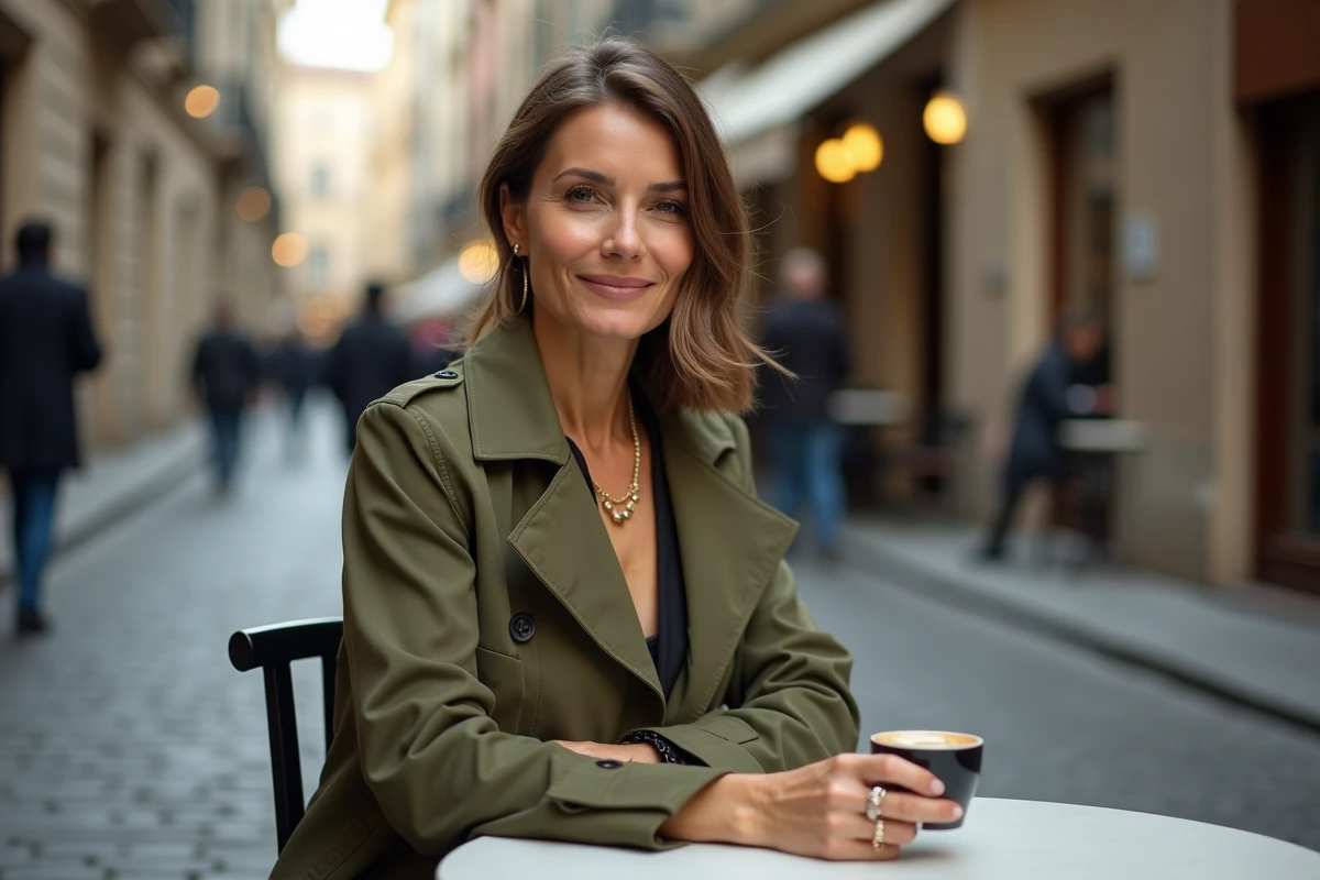 Femme dans la quarantaine assise à une terrasse de café européen, incarnant l'élégance naturelle et l'évolution des critères de beauté en 2026