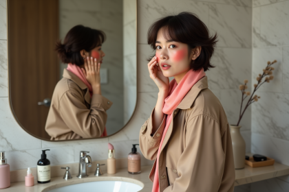 Jeune femme en trench beige se maquillant dans une salle de bain