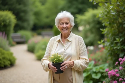 Femme de 70 ans dans un jardin botanique ensoleille