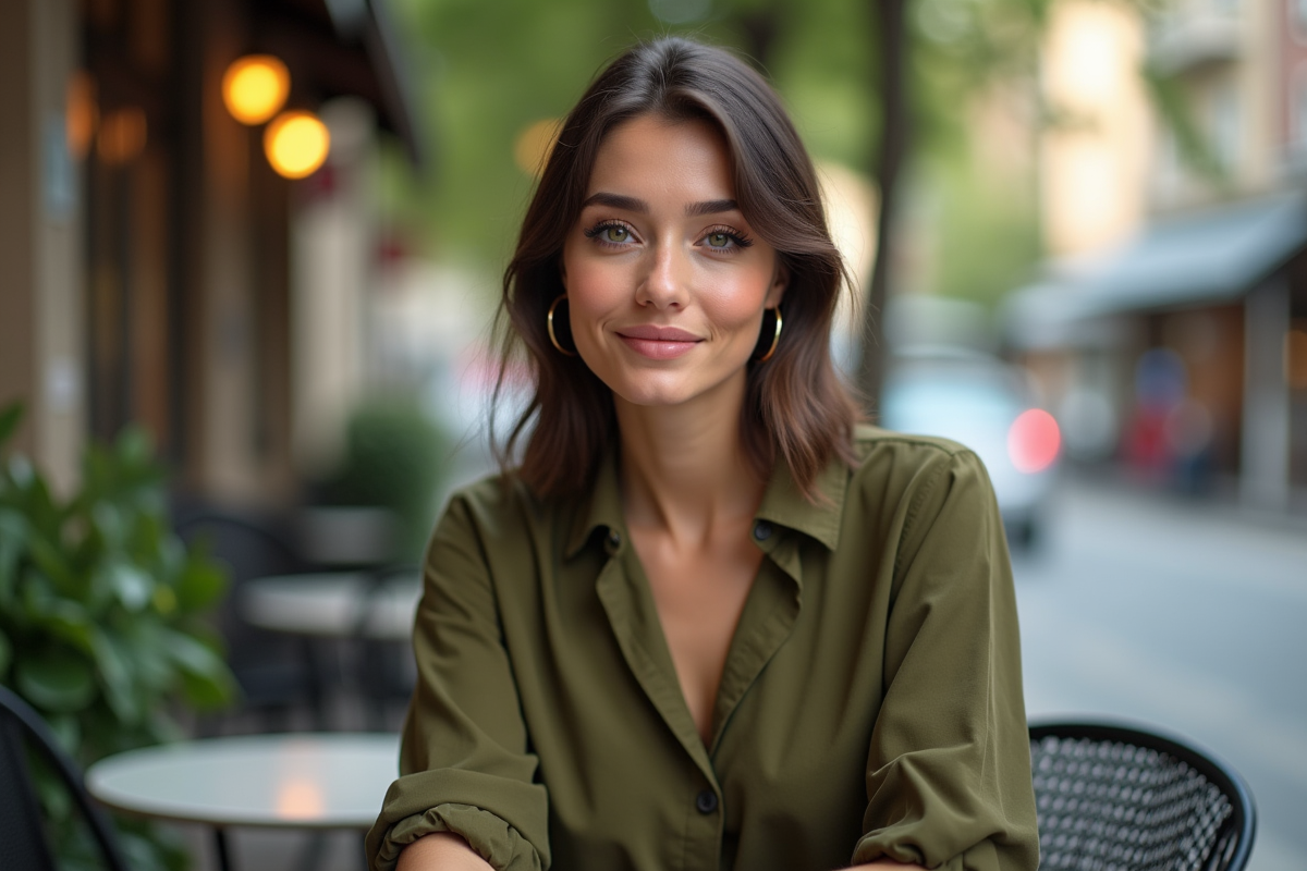 Jeune femme au maquillage naturel dans un café en ville