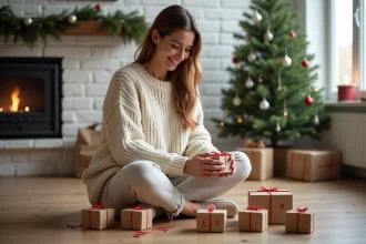 Femme en pull crème découvrant les cases d'un calendrier de l'Avent original entouré de petits cadeaux emballés en papier kraft sur un parquet en bois