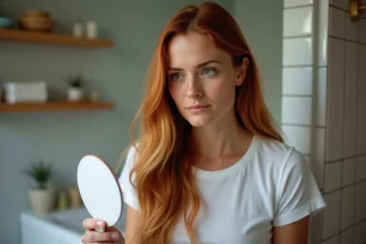Femme regardant ses cheveux orange cuivre dans un miroir