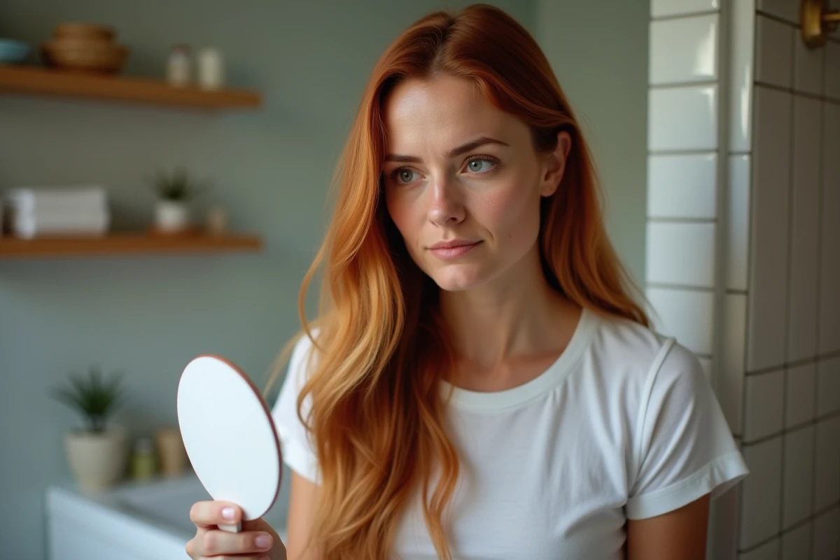 Femme regardant ses cheveux orange cuivre dans un miroir