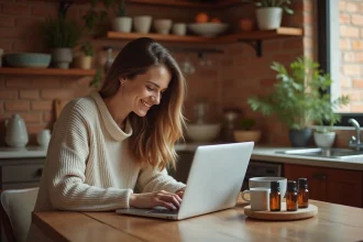 Femme parcourant un site d'aromathérapie en ligne sur son ordinateur portable dans une cuisine chaleureuse avec des huiles essentielles