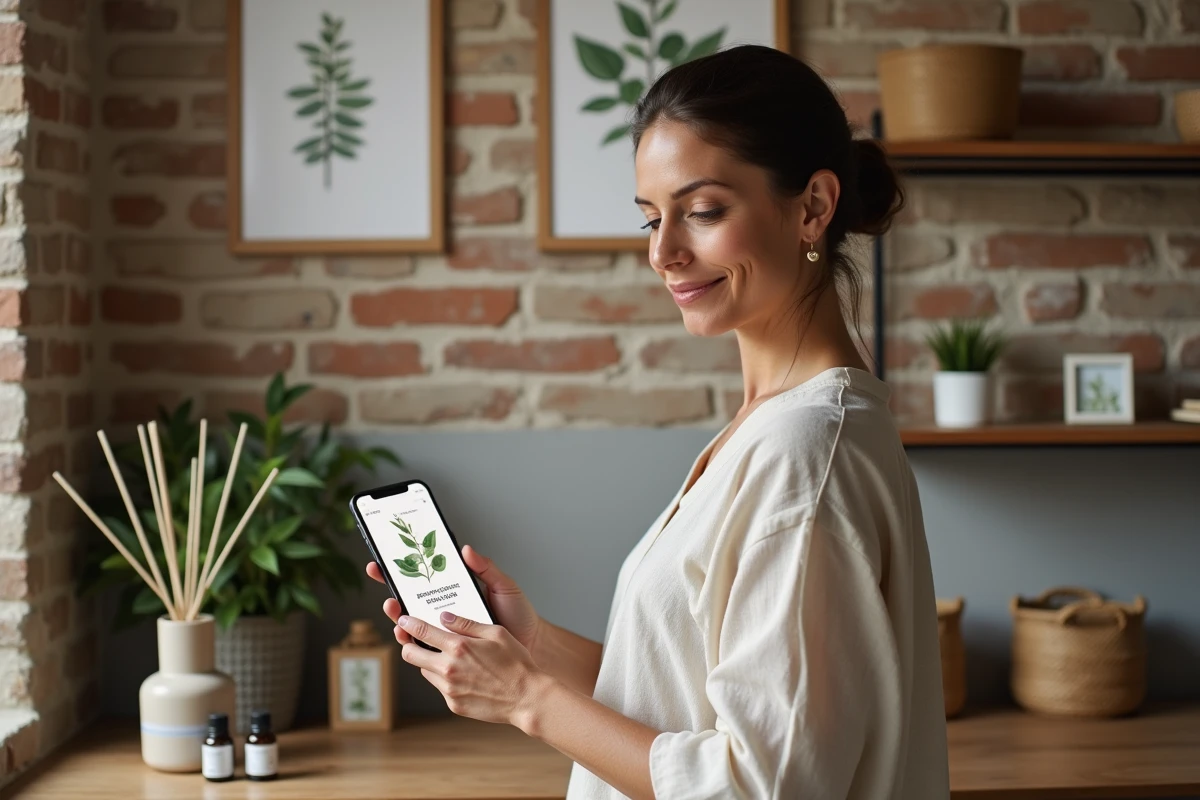 Femme tenant un smartphone avec un code de réduction aromazon dans un bureau bien-être décoré de diffuseurs et d'huiles essentielles
