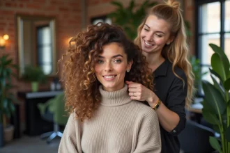 Femme aux cheveux bouclés dans un salon lyonnais accueillant