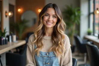Femme aux cheveux longs et ondul&eacute;s dans un salon moderne