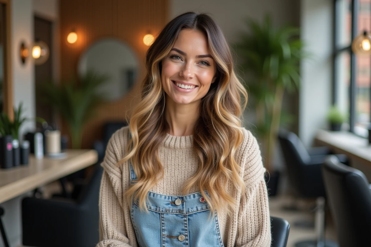 Femme aux cheveux longs et ondulés dans un salon moderne