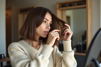 Femme regardant dans le miroir dans un salon moderne
