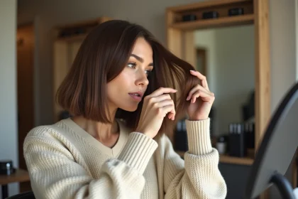 Femme regardant dans le miroir dans un salon moderne
