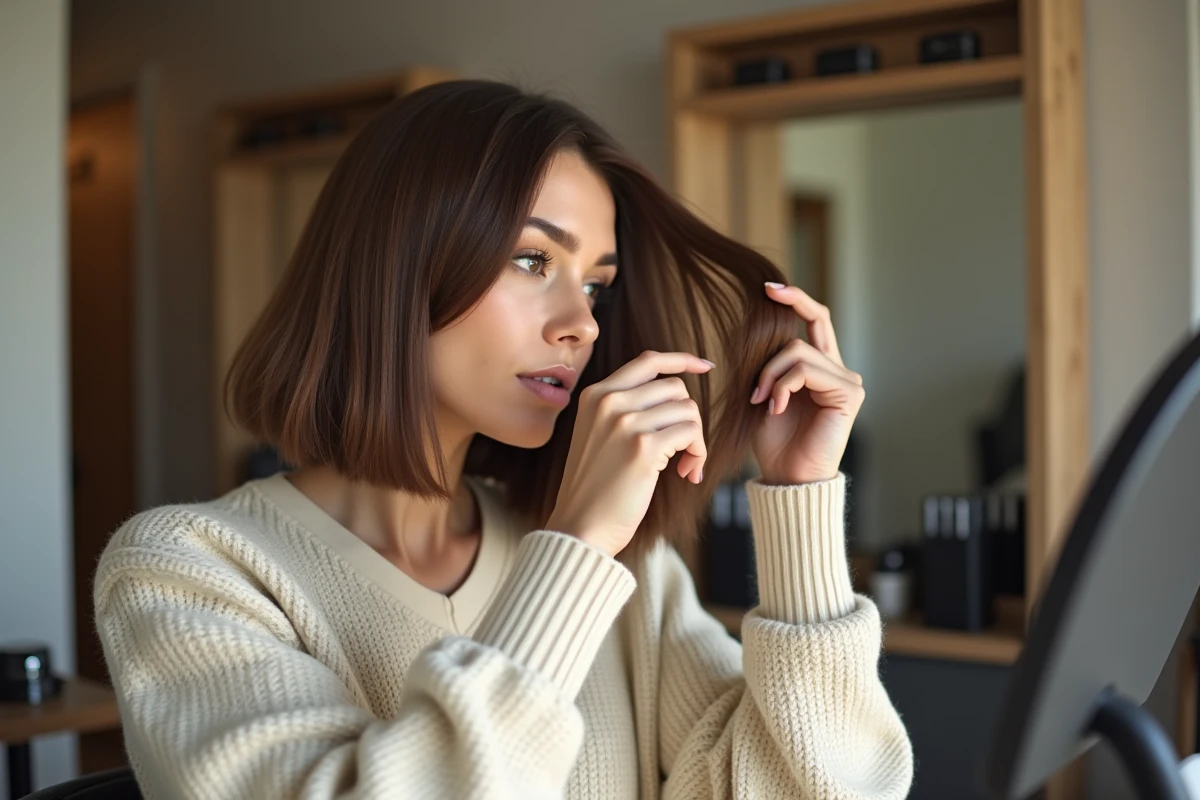 Femme regardant dans le miroir dans un salon moderne