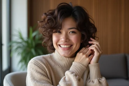 Femme souriante avec coiffure shaggy moderne en salon intérieur