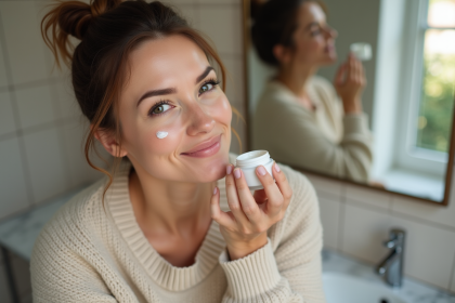 Femme appliquant une creme visage dans une salle de bain moderne