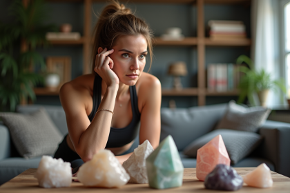 Femme examinant des cristaux dans un salon moderne