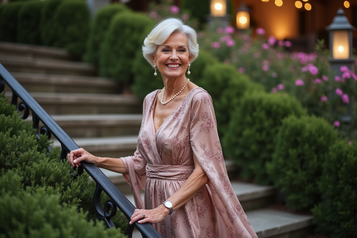 Femme souriante en robe fleurie descendant les escaliers