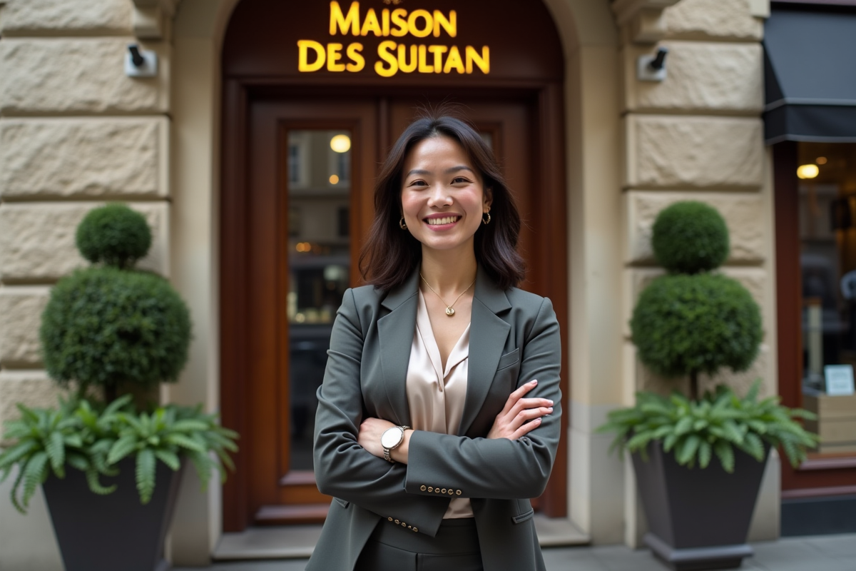 Femme confiante devant une boutique parisienne