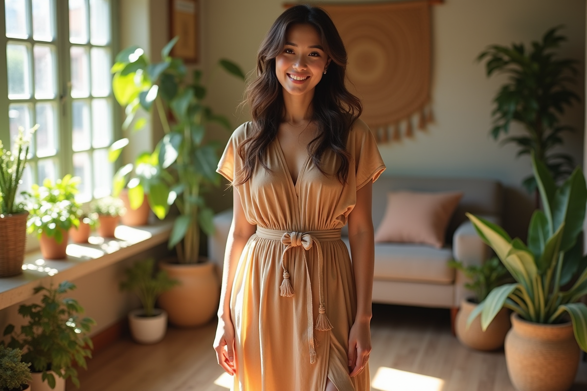 Femme souriante en robe fluide avec ceinture dans un intérieur lumineux et cosy