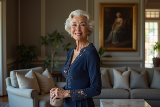 Femme élégante en robe de soirée bleue souriante