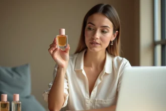Femme examinant un flacon de parfum pas cher commandé en ligne, comparaison de parfums discount sur bureau