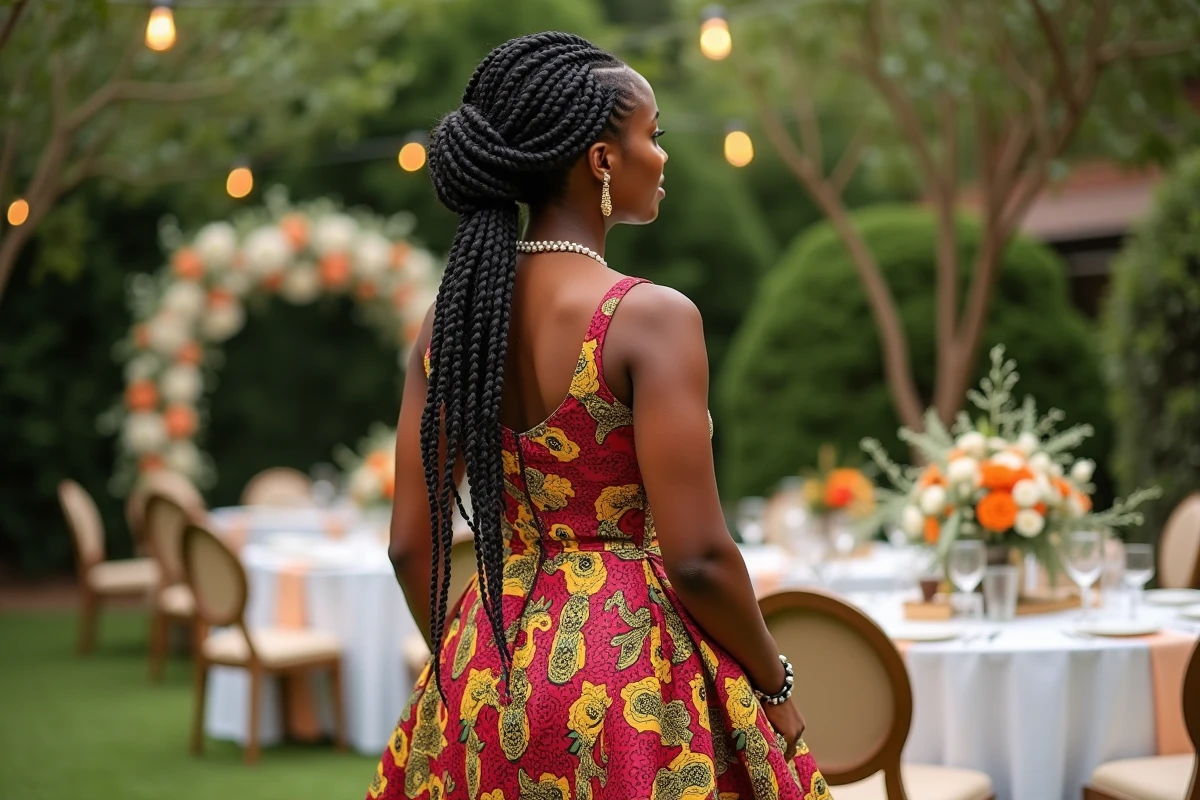 Femme en robe Ankara avec nattes collées dans un jardin festif