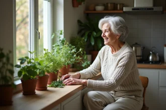 Femme âgée aux cheveux argentés cultivant des herbes en intérieur