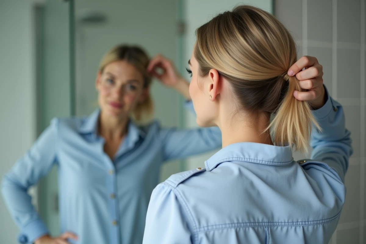Femme vérifiant sa coupe de cheveux dans un miroir de salle de bain