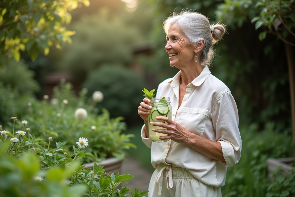 Femme dans un jardin bucolique sirotant une eau infusée au concombre