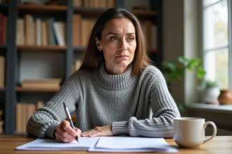 Femme lisant attentivement un contrat de conseiller indépendant avec une expression dubitative à la maison