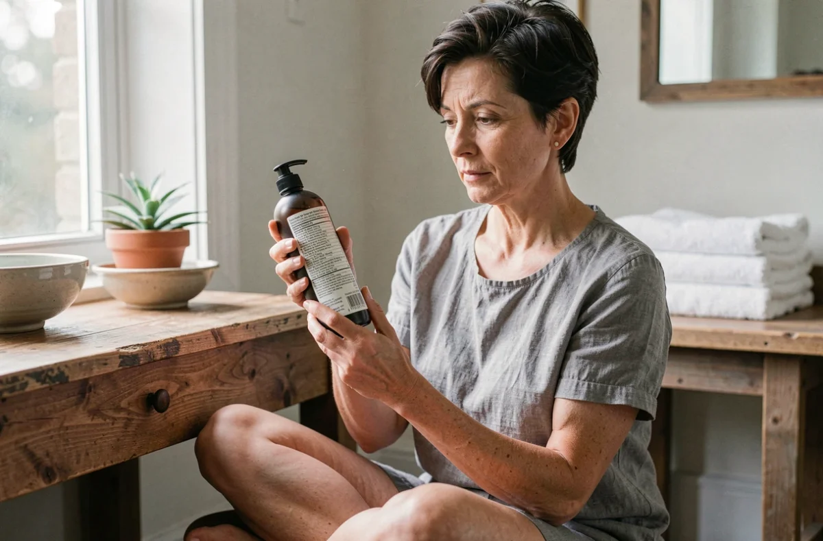 Femme lisant les ingrédients d'un shampoing sans silicone pour une routine capillaire saine et naturelle