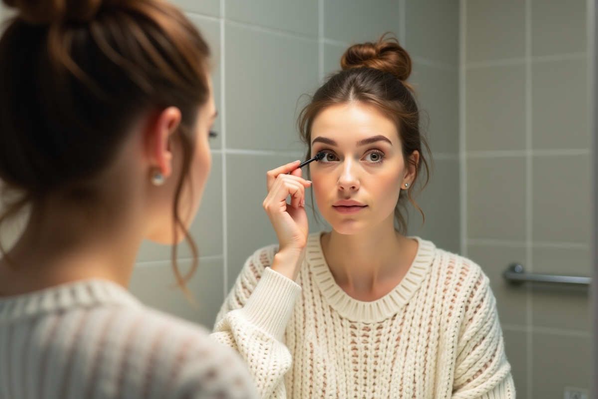 Femme appliquant du mascara dans un miroir lumineux